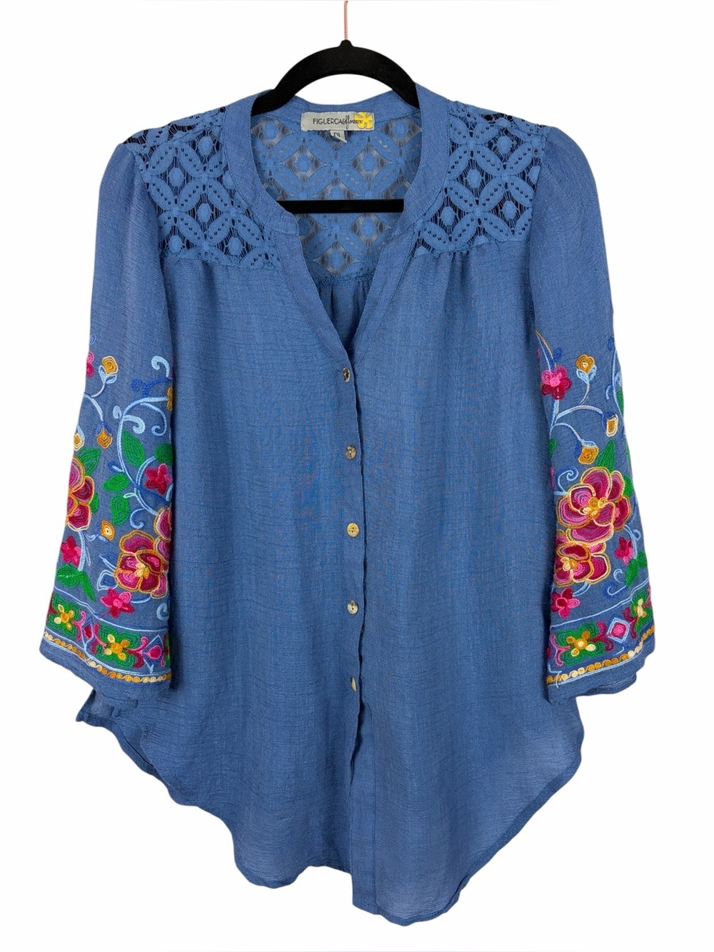 Figueroa & Flower Embroidered Boho Peasant Blouse Blue Floral Lace Large Petite